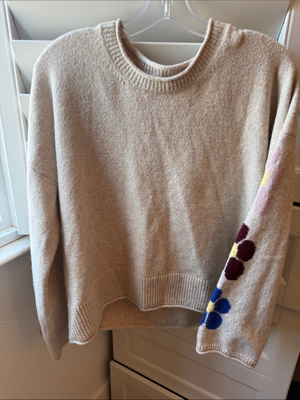 Madewell Cream Crewneck Sweater with Multicolor Floral Sleeve